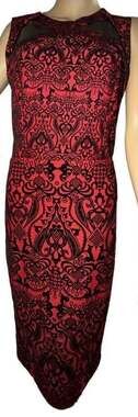 ECI New York Women's Red and Black Damask Print Sheath Dress with Mesh Cutouts